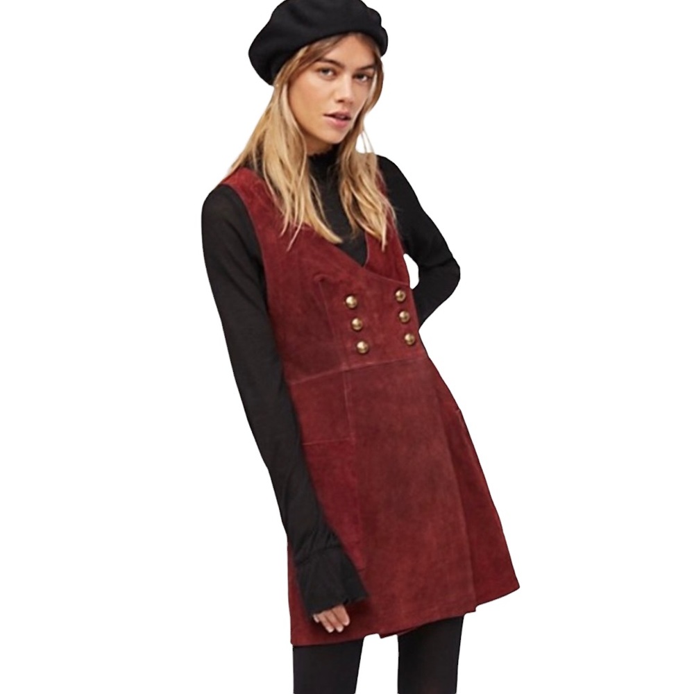 Free People Stevie Mini Dress Suede Leather in Red/Rouge Burgundy Gold Buttons